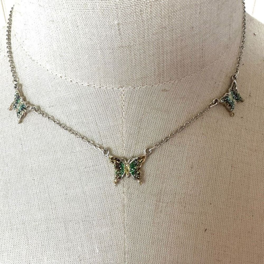 Triple butterfly silver tone necklace